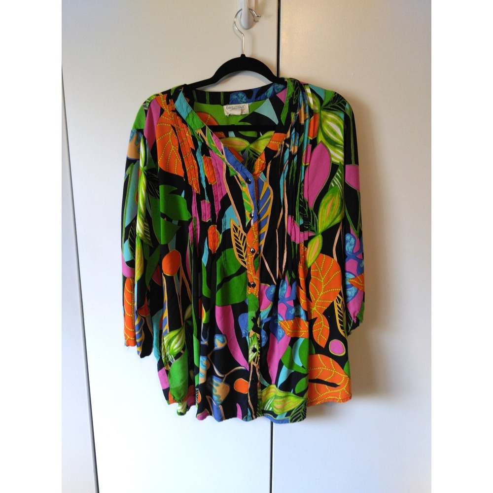 Womens Artsy Colorful Tunic Top Size L Button Front Floral Print Pockets Boho